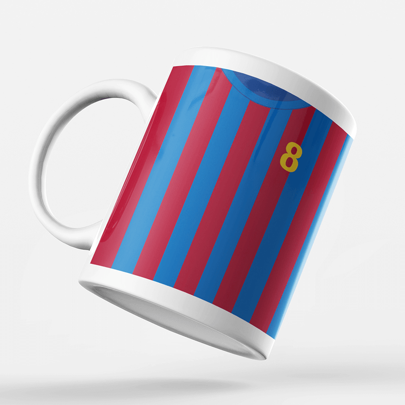 Barcelona Retro Style Home Kit Shirt Inspired Colours for Personalised Football Mug with optional Coaster.