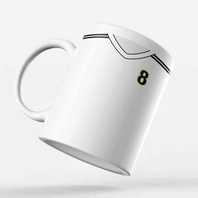 Real Madrid Retro Style Home Kit Shirt Inspired Colours for Personalised Football Mug with optional Coaster.