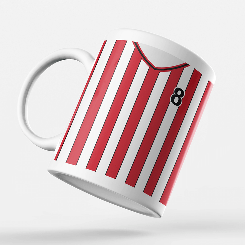 Southampton Retro Style Home Kit Shirt Inspired Colours for Personalised Football Mug with optional Coaster.