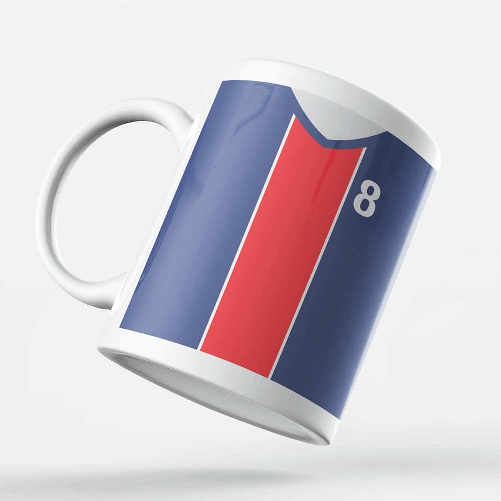 Paris Retro Style Home Kit Shirt Inspired Colours for Personalised Football Mug with optional Coaster. Perfect item for Les Rouge-et-Bleu fan.