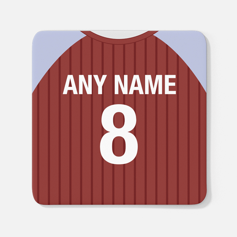 Aston Villa Retro Style Home Kit Shirt Inspired Colours for Personalised Football Coaster with optional Mug.