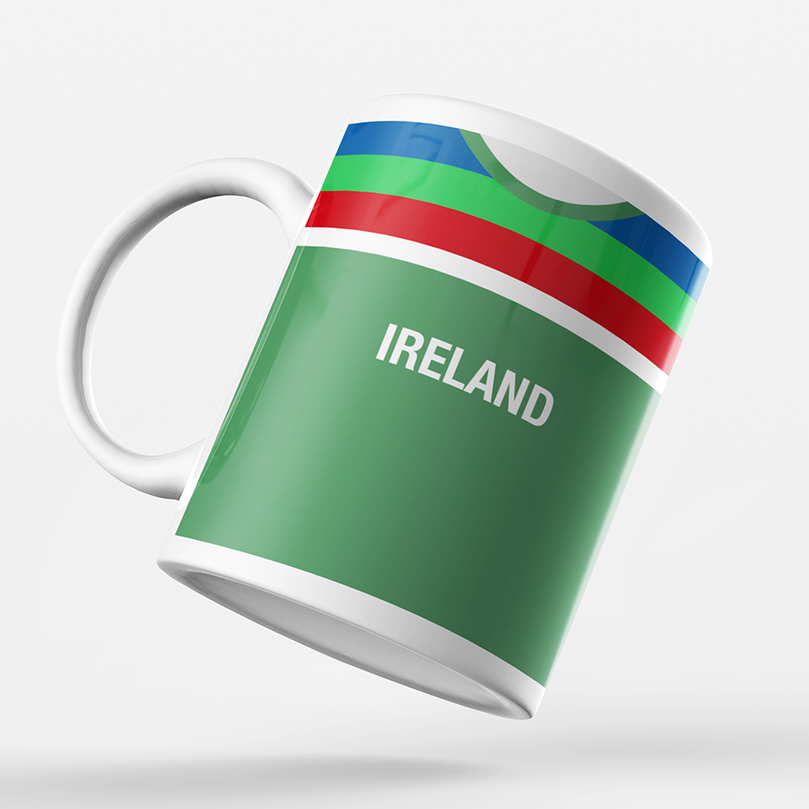 Ireland Retro Style Home Kit Shirt Inspired Colours for Personalised Football Mug with optional Coaster. Perfect item for the Men In Green fan.