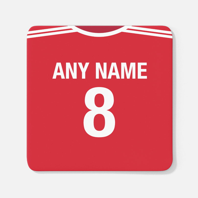 Manchester United Retro Home Kit Shirt Inspired Colours for Personalised Football Coaster with optional Mug.