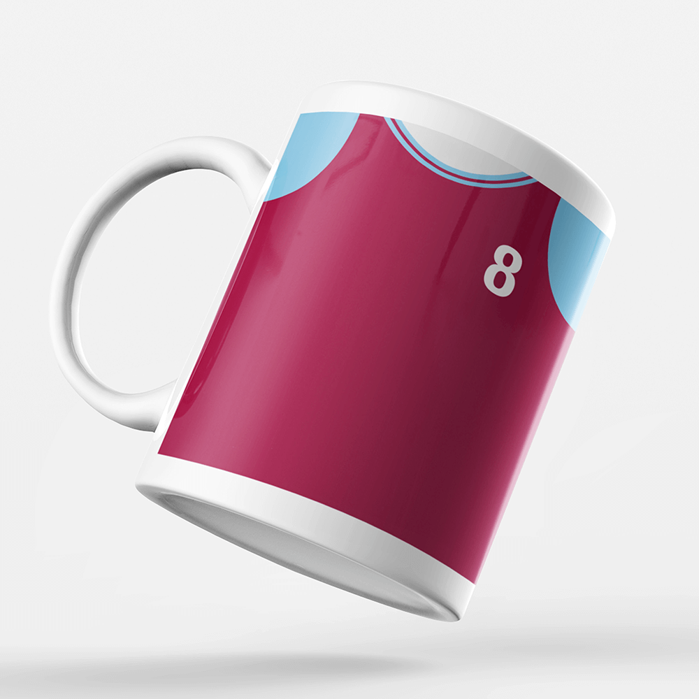 West Ham Retro Style Home Kit Shirt Inspired Colours for Personalised Football Mug with optional Coaster.