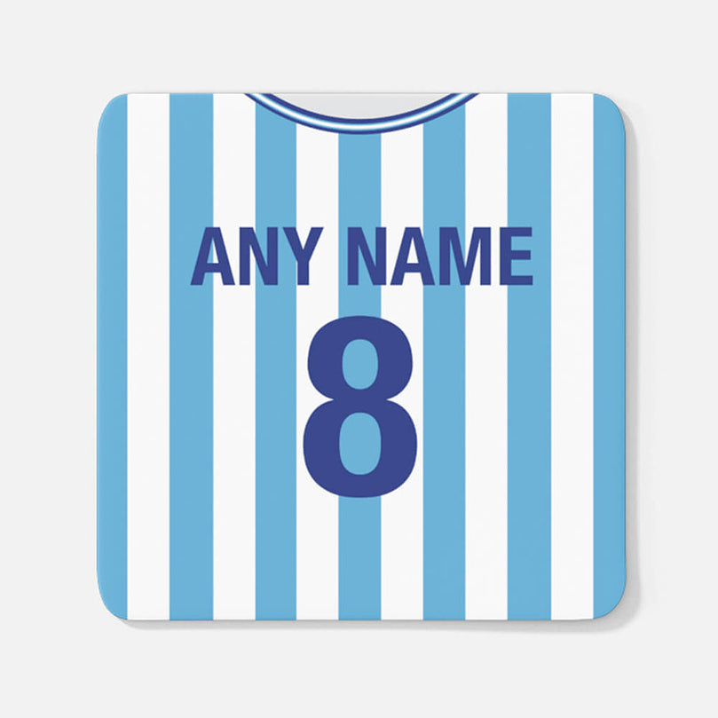 Coventry Retro Style Home Kit Shirt Inspired Colours for Personalised Football Coaster with optional Mug.