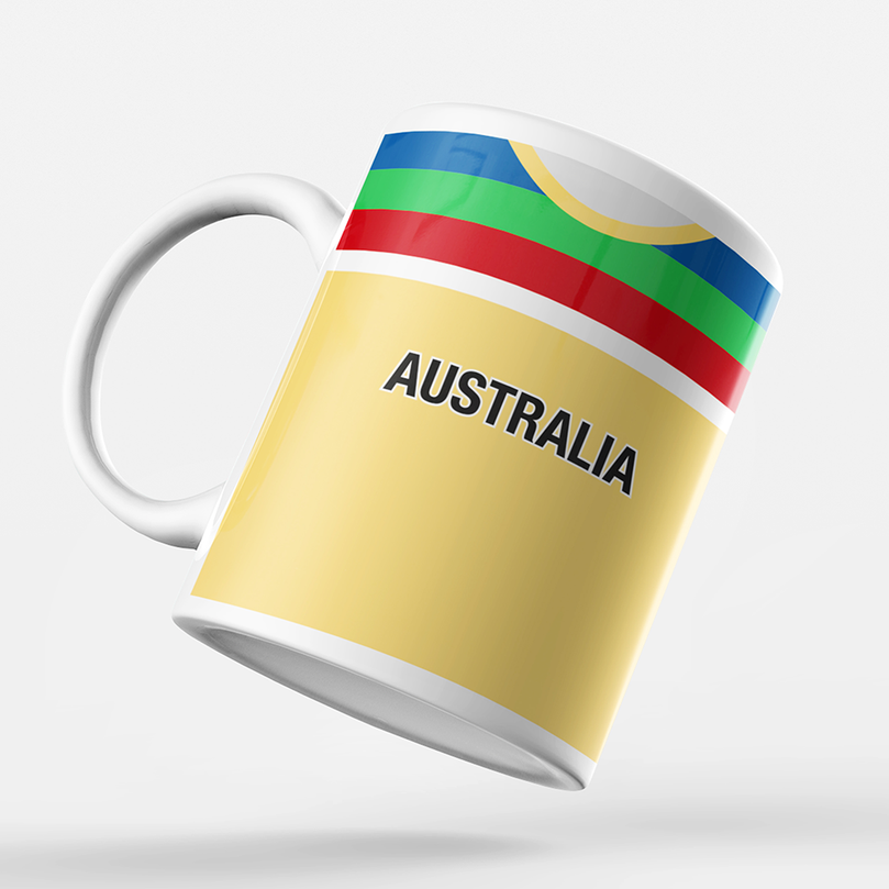 Australia Retro Style Home Kit Shirt Inspired Colours for Personalised Football Mug with optional Coaster. Perfect item for the Aussie fan.