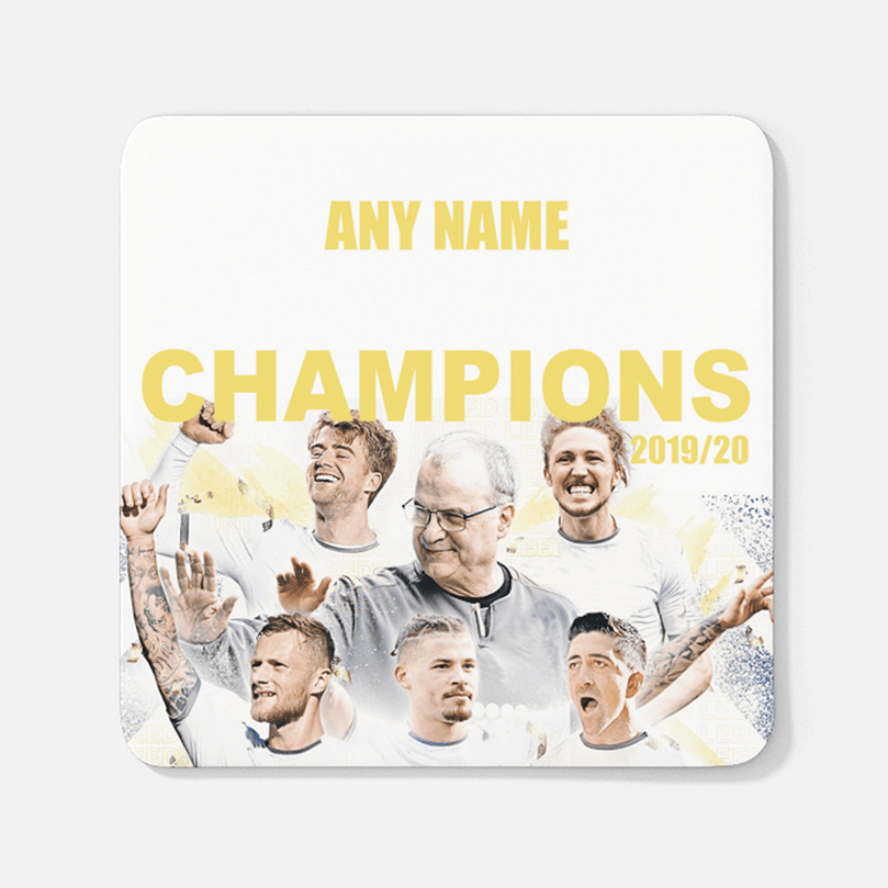 Leeds 2019/2020 Champions Inspired Colours for Personalised Football Coaster with optional Mug. Perfect item for The Peacocks fan.