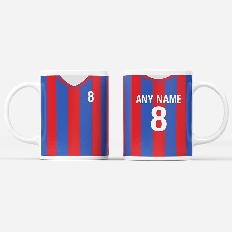 Crystal Palace Retro Style Home Kit Shirt Inspired Colours for Personalised Football Mug with optional Coaster.