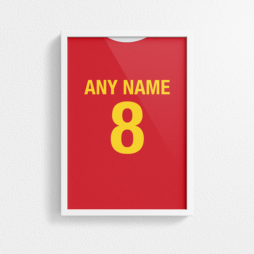 Spain Retro Home Kit Shirt Inspired Colours for Personalised Football Poster Print. Perfect item for the La Roja fan.