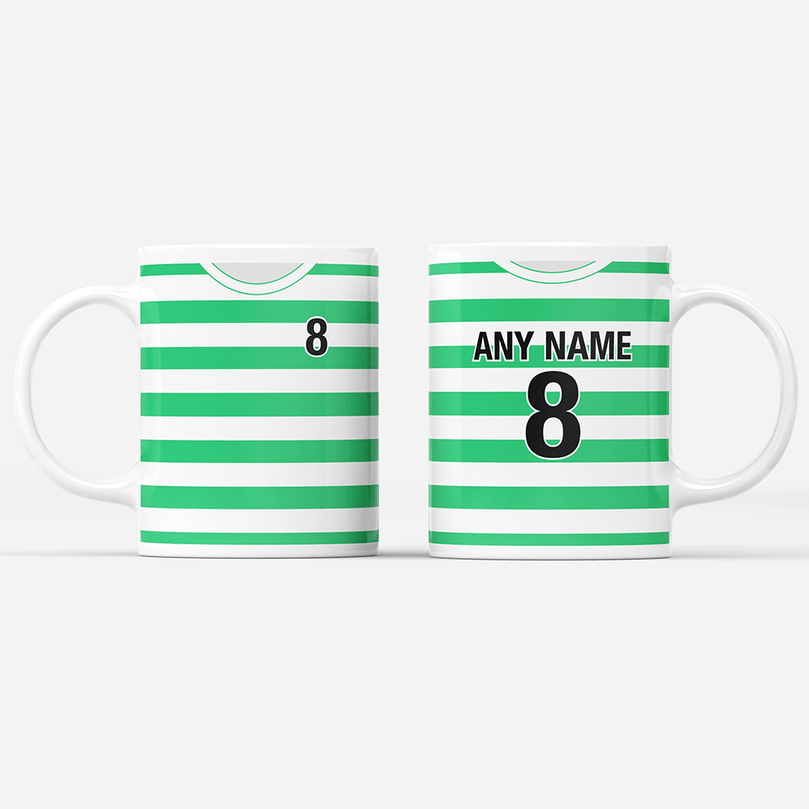 Celtic Retro Style Home Kit Shirt Inspired Colours for Personalised Football Mug with optional Coaster.