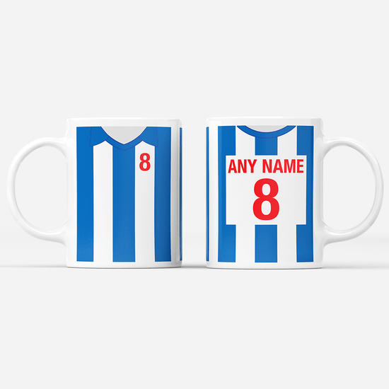 Brighton & Hove Albion Retro Style Home Kit Shirt Inspired Colours for Personalised Football Mug with optional Coaster.