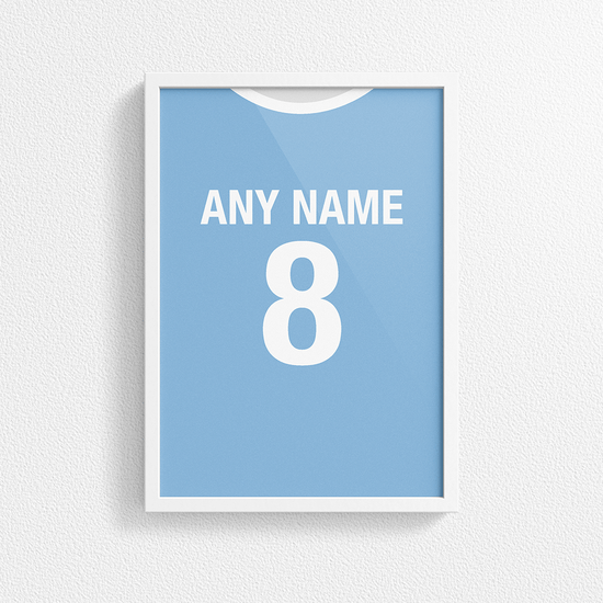 Manchester City Retro Home Kit Shirt Inspired Colours for Personalised Football Poster Print.