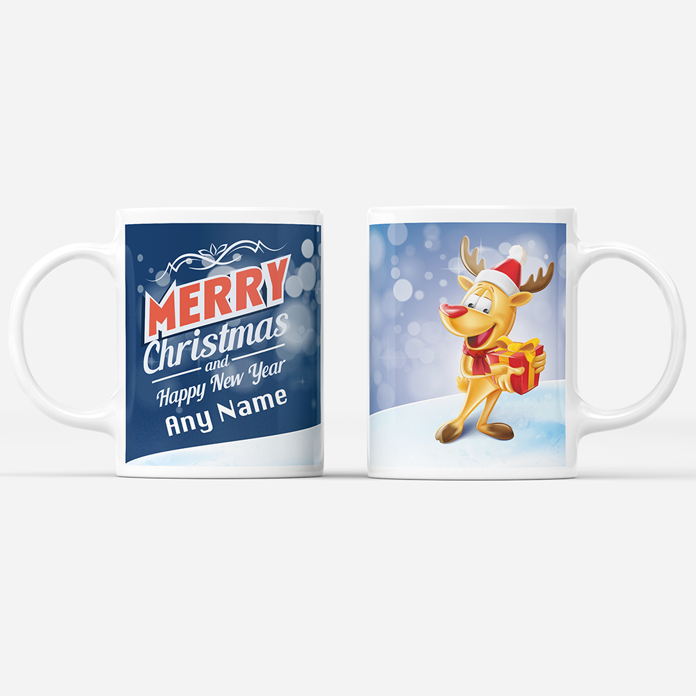 Merry Christmas & Happy New Year 'Personalised' Mug. Rudolph Reindeer.