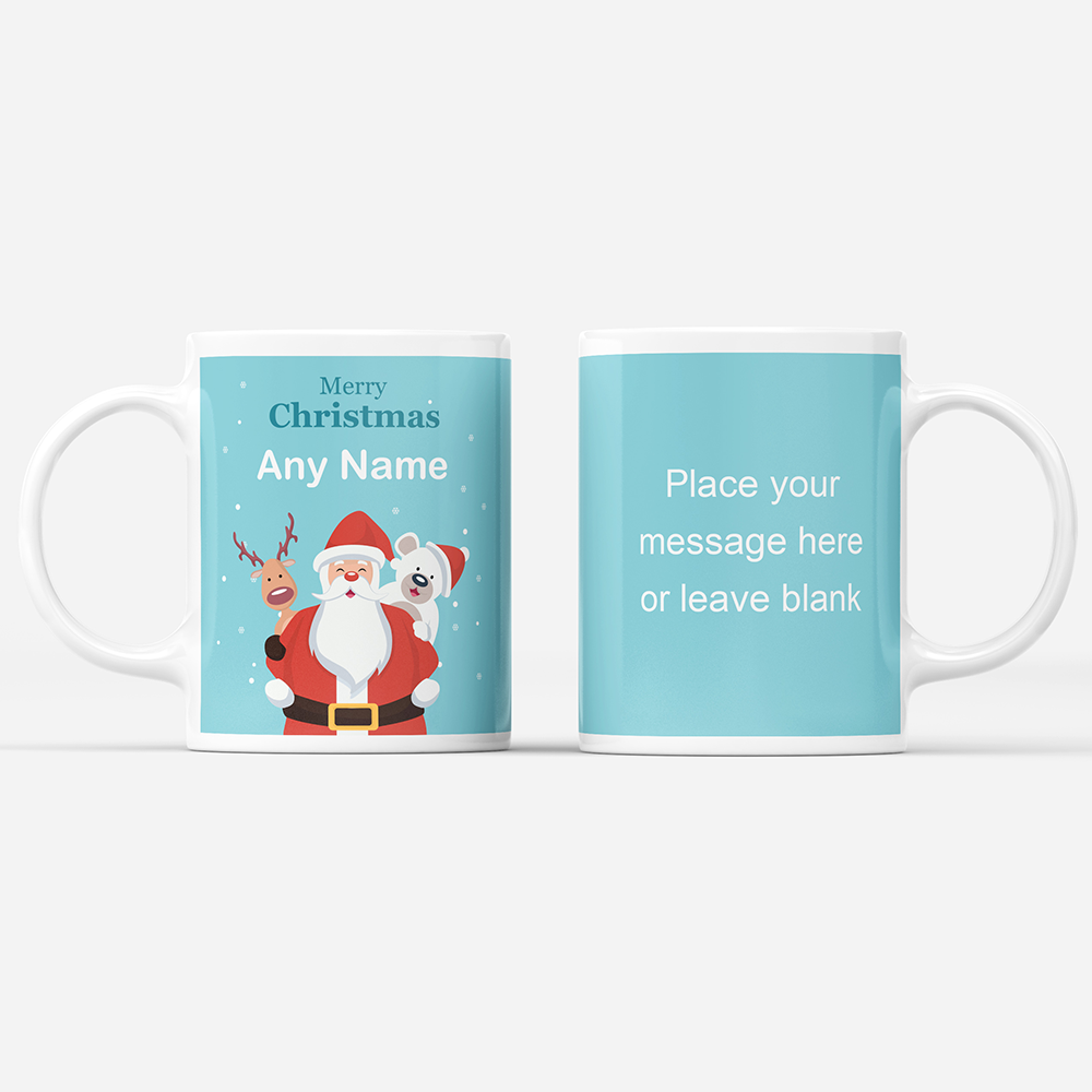 Merry Christmas 'Personalised' Mug. Santa + Rudolph Reindeer + Polar Bear.