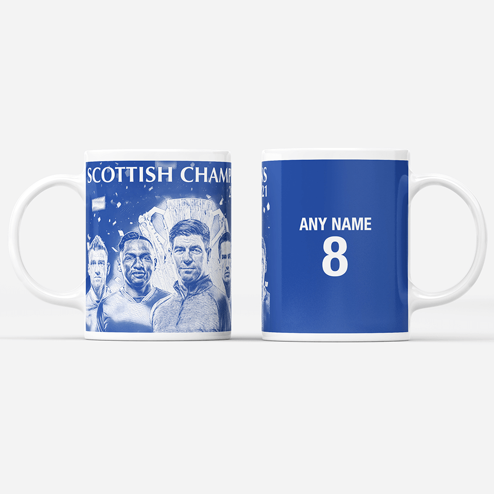 Rangers 2020/2021 Scottish Champions Inspired Personalised Football Mug with optional Coaster. Perfect item for The Teddy Bears fan.