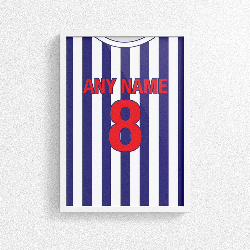 West Bromwich Albion Retro Home Kit Shirt Inspired Colours for Personalised Football Poster Print.