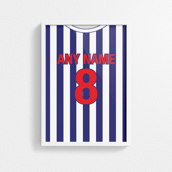 West Bromwich Albion Retro Home Kit Shirt Inspired Colours for Personalised Football Poster Print.