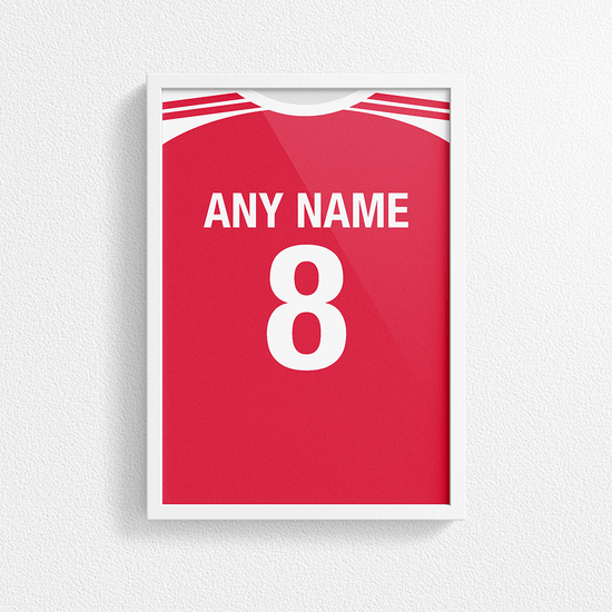 Denmark Retro Home Kit Shirt Inspired Colours for Personalised Football Poster Print. Perfect item for the Danish Dynamite fan.