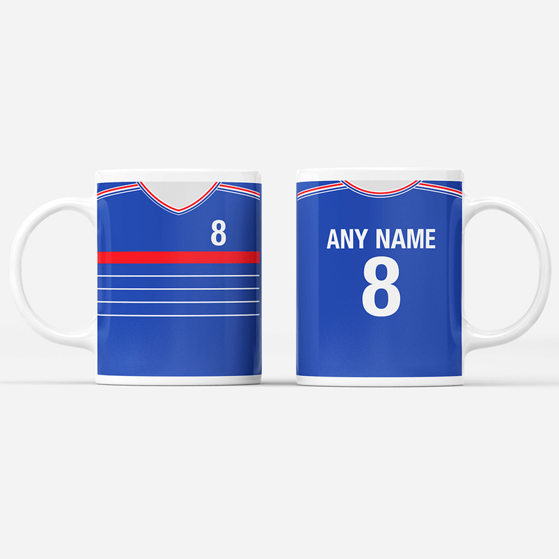 France Retro Style Home Kit Shirt Inspired Colours for Personalised Football Mug with optional Coaster.