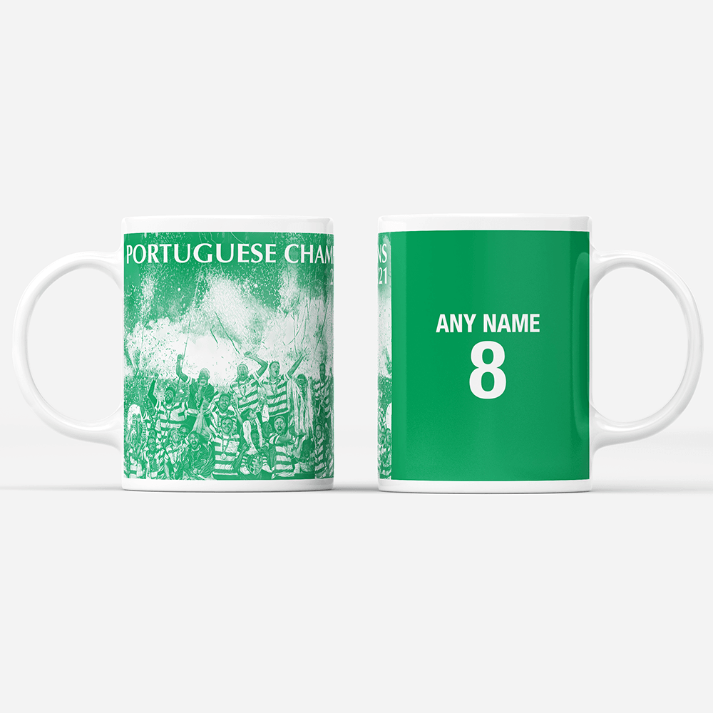 Sporting CP Lisbon 2020/2021 Portuguese Champions Inspired Personalised Football Mug with optional Coaster. Perfect item for the Leões fan.