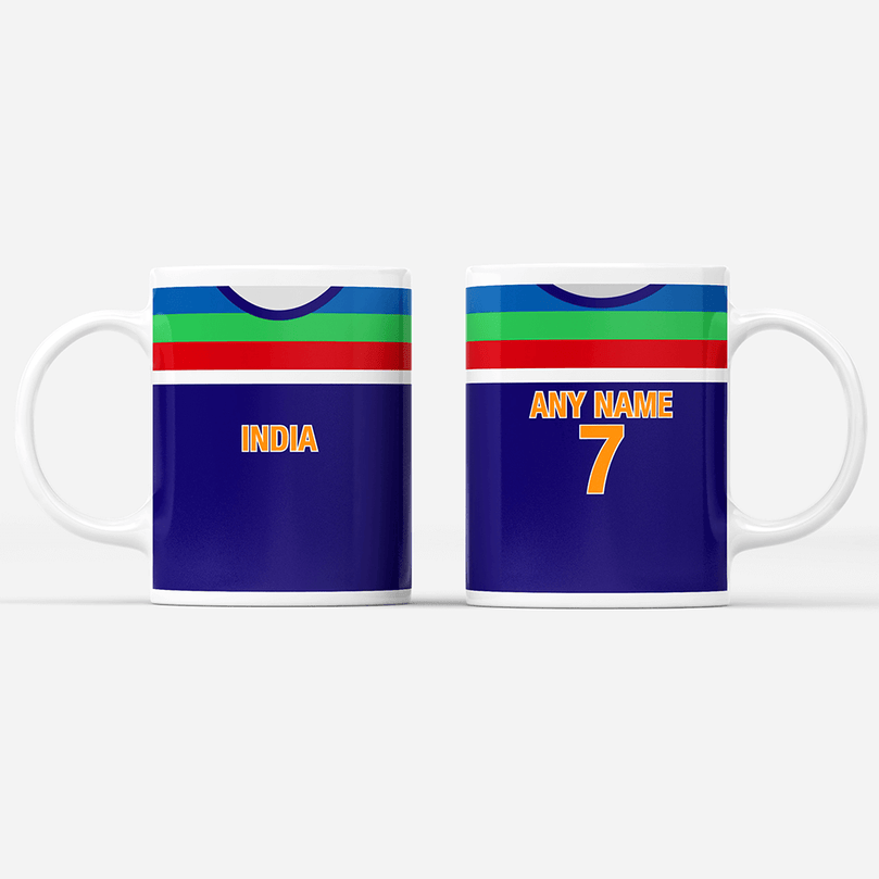 India Retro Style Home Kit Shirt Inspired Colours for Personalised Football Mug with optional Coaster. Perfect item for the Men In Blue fan.