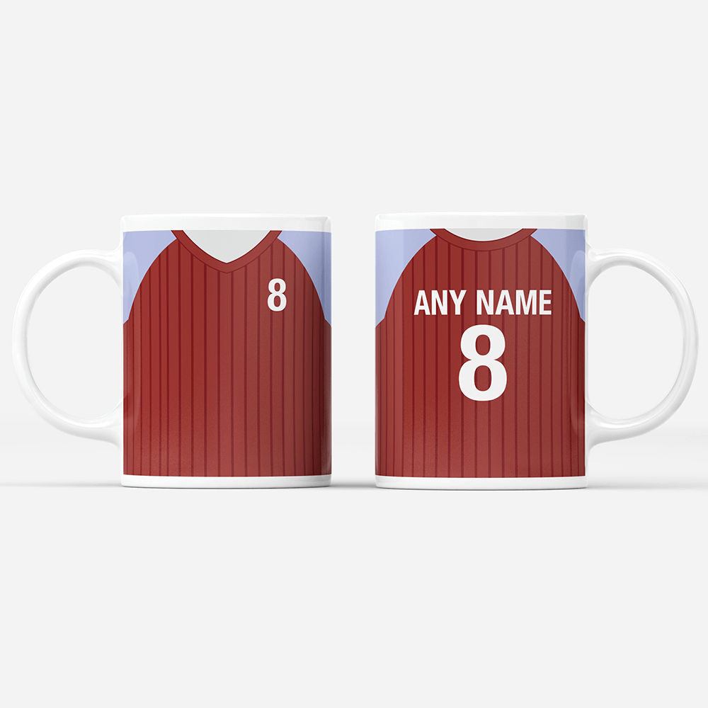 Aston Villa Retro Style Home Kit Shirt Inspired Colours for Personalised Football Mug with optional Coaster.