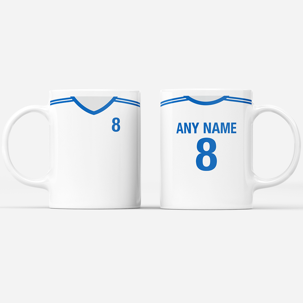 Finland Retro Style Home Kit Shirt Inspired Colours for Personalised Football Mug with optional Coaster. Perfect item for the Sinivalkoiset fan.