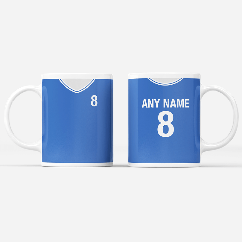 Cardiff City Retro Style Home Kit Shirt Inspired Colours for Personalised Football Mug with optional Coaster.