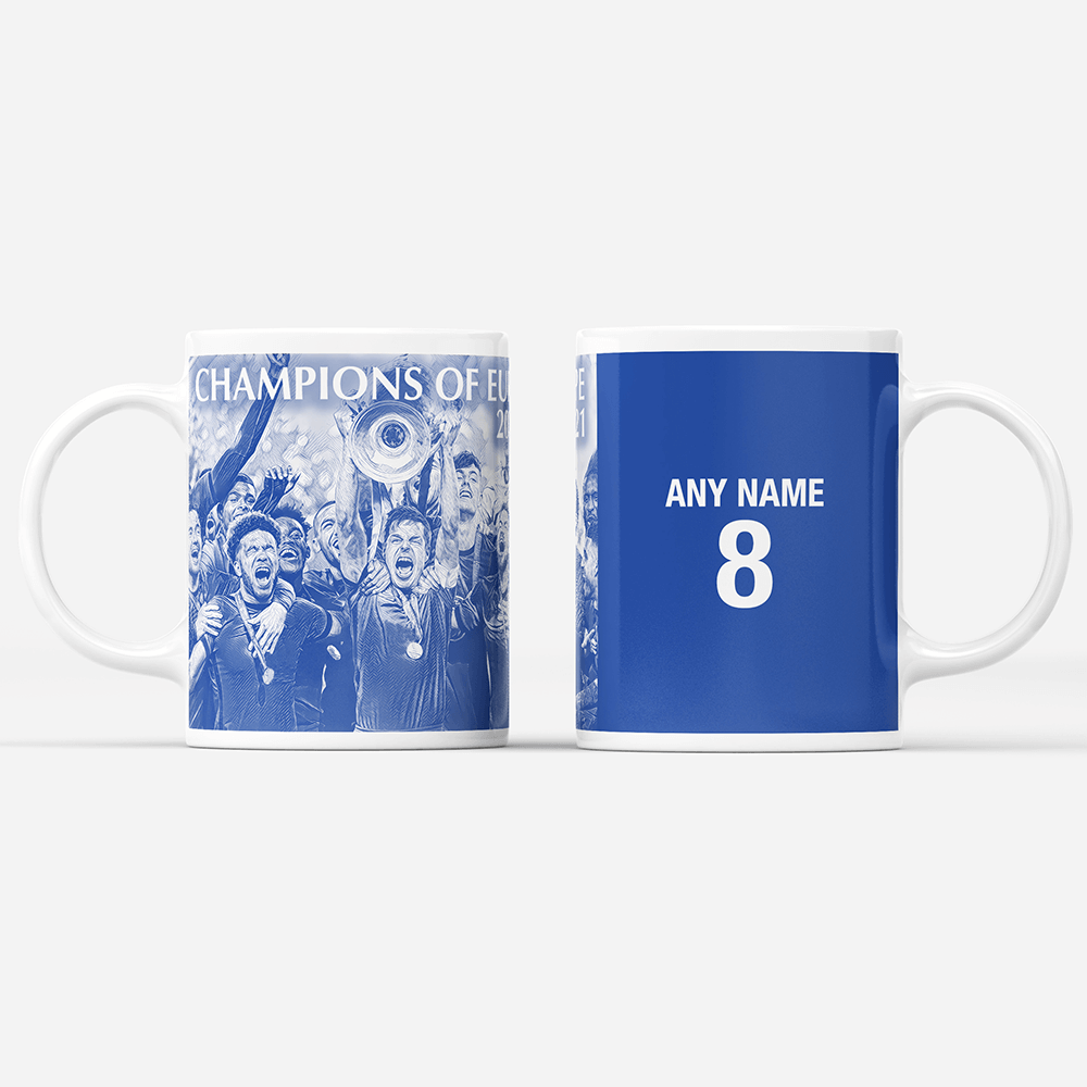 Chelsea 2020/2021 Champions of Europe Inspired Colours for Personalised Football Mug with optional Coaster. Perfect item for The Blues fan.