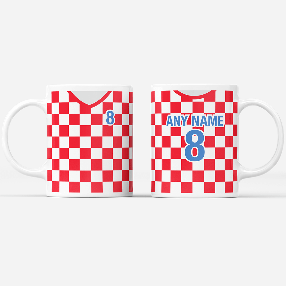 Croatia Retro Style Home Kit Shirt Inspired Colours for Personalised Football Mug with optional Coaster. Perfect item for the Vatreni fan.