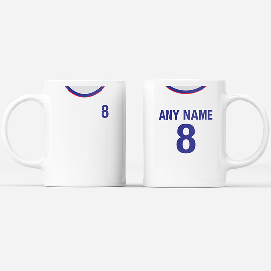 USA Retro Style Home Kit Shirt Inspired Colours for Personalised Football Mug with optional Coaster. Perfect item for The Stars and Stripes fan.