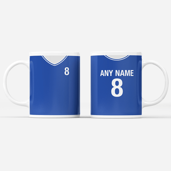 Chelsea Retro Style Home Kit Shirt Inspired Colours for Personalised Football Mug with optional Coaster.