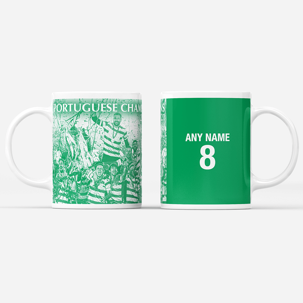 Sporting CP Lisbon 2020/2021 Portuguese Champions Inspired Personalised Football Mug with optional Coaster. Perfect item for the Leões fan.