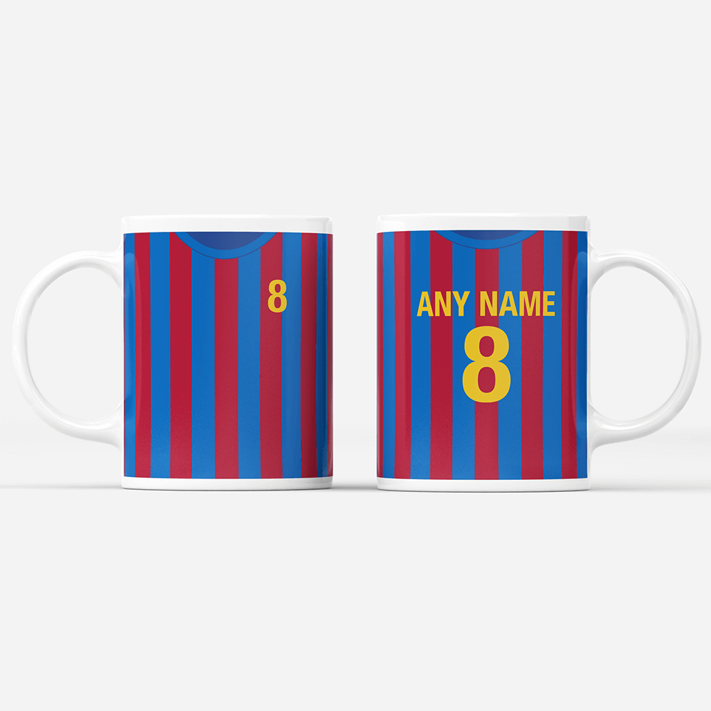 Barcelona Retro Style Home Kit Shirt Inspired Colours for Personalised Football Mug with optional Coaster.