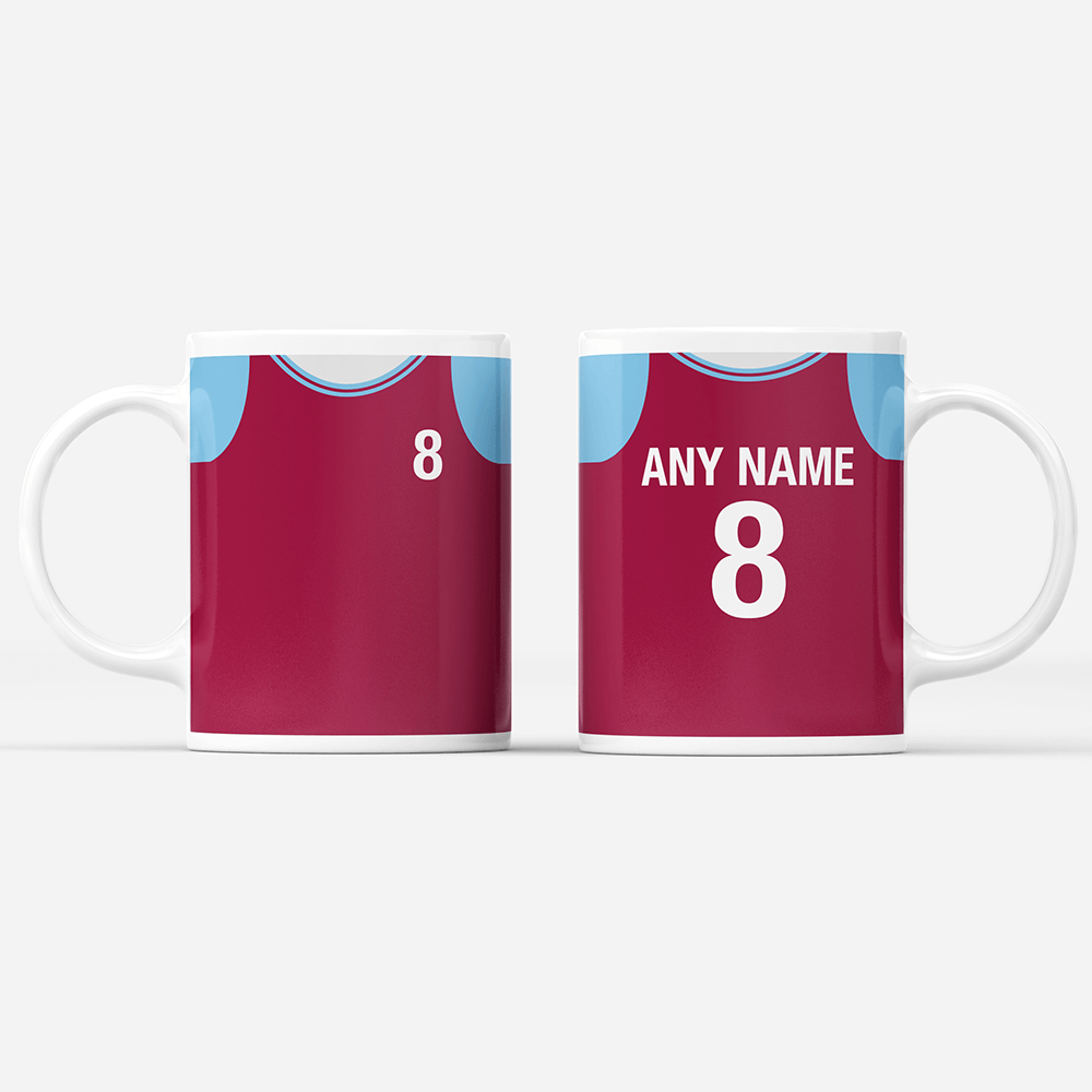 West Ham Retro Style Home Kit Shirt Inspired Colours for Personalised Football Mug with optional Coaster.