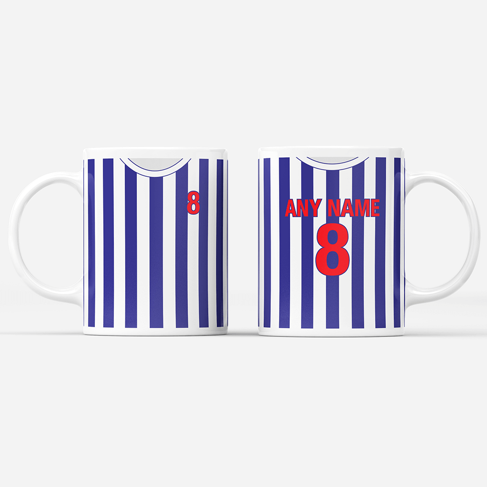 West Bromwich Albion Retro Style Home Kit Shirt Inspired Colours for Personalised Football Mug with optional Coaster.