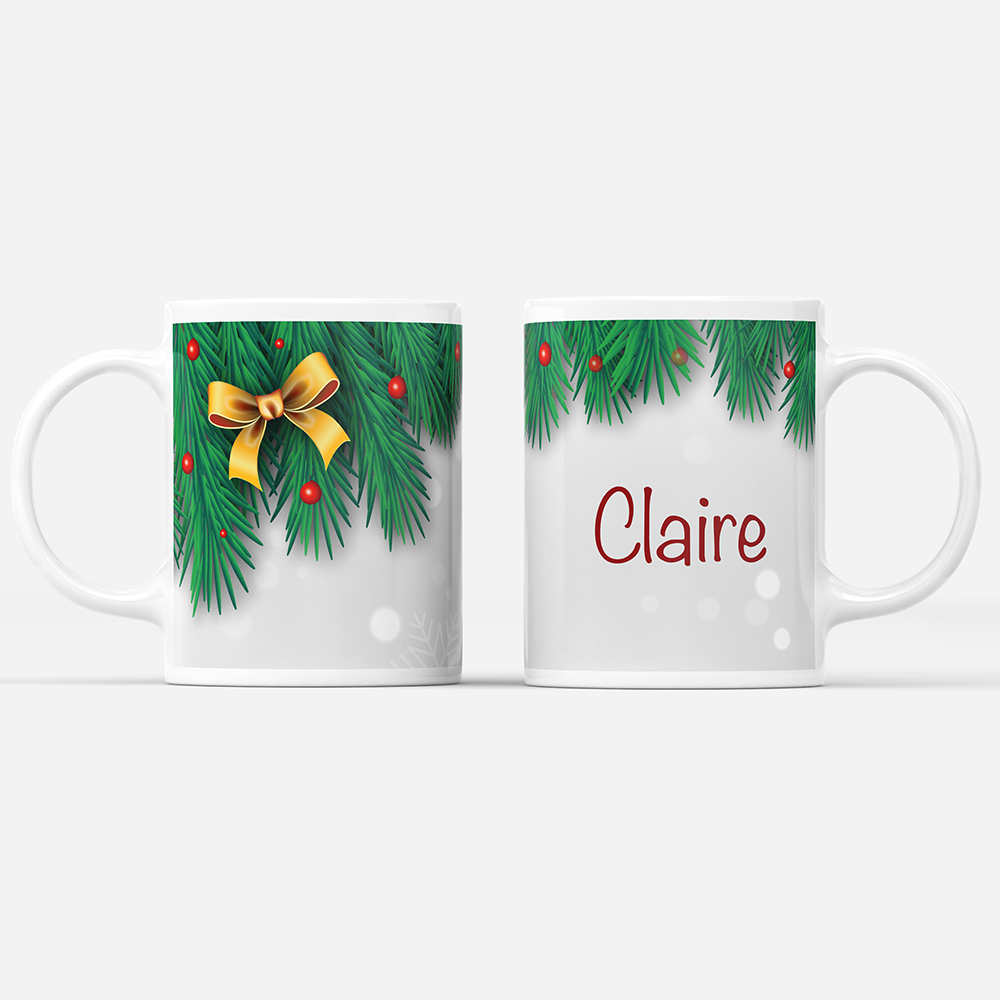 Christmas 'Personalised' Mug. Xmas Berries and Bow.