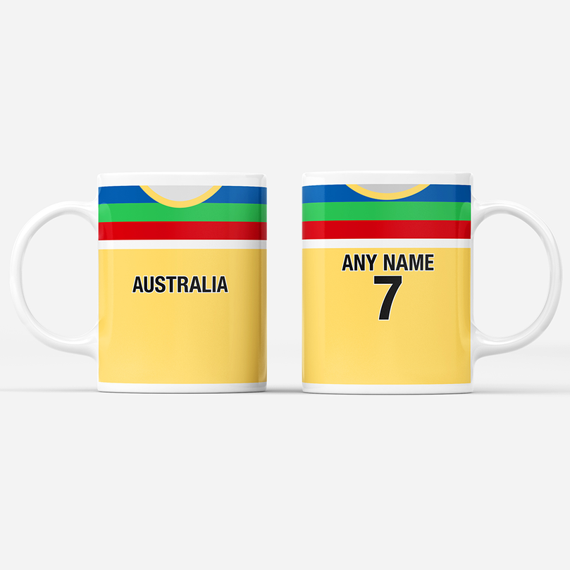 Australia Retro Style Home Kit Shirt Inspired Colours for Personalised Football Mug with optional Coaster. Perfect item for the Aussie fan.