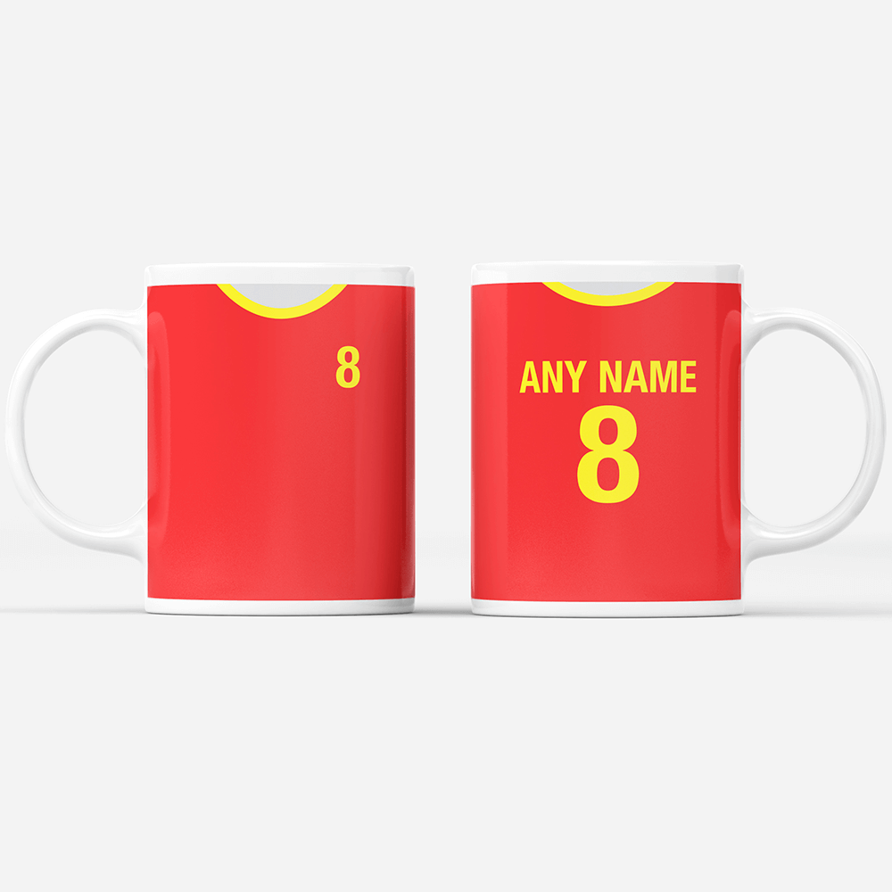 North Macedonia Retro Style Home Kit Shirt Inspired Colours for Personalised Football Mug with optional Coaster. Perfect item for The Red Lynx fan.