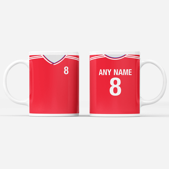 Arsenal Retro Style Home Kit Shirt Inspired Colours for Personalised Football Mug with optional Coaster.