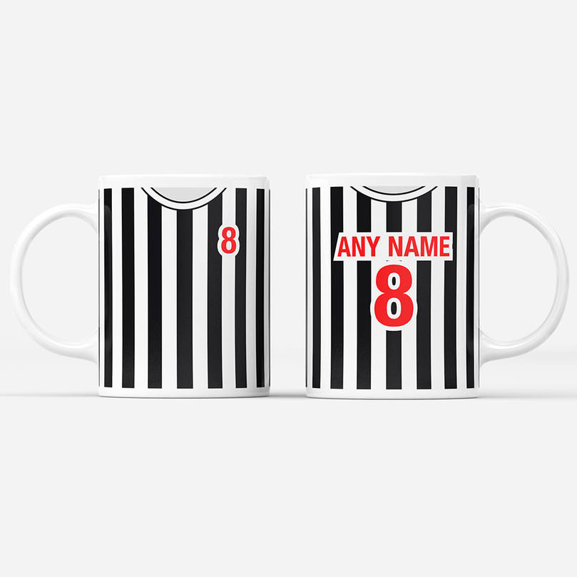 Newcastle Retro Style Home Kit Shirt Inspired Colours for Personalised Football Mug with optional Coaster.