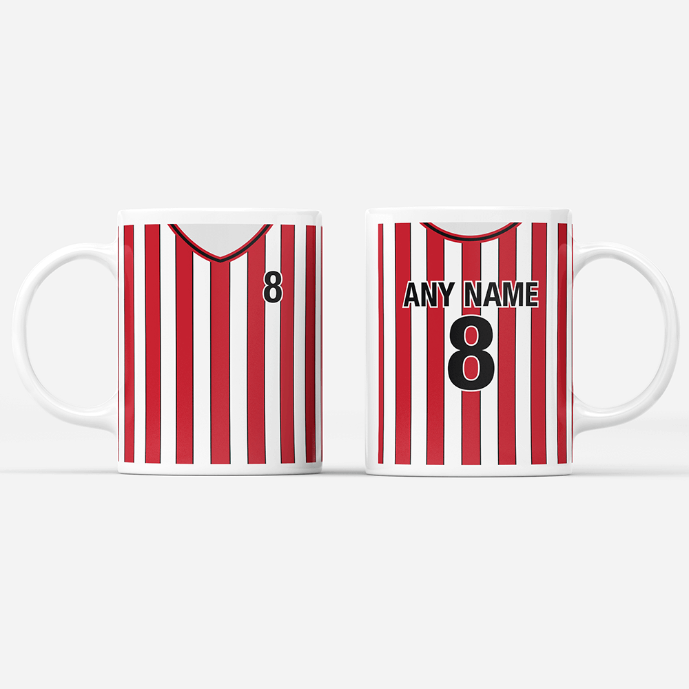 Southampton Retro Style Home Kit Shirt Inspired Colours for Personalised Football Mug with optional Coaster.