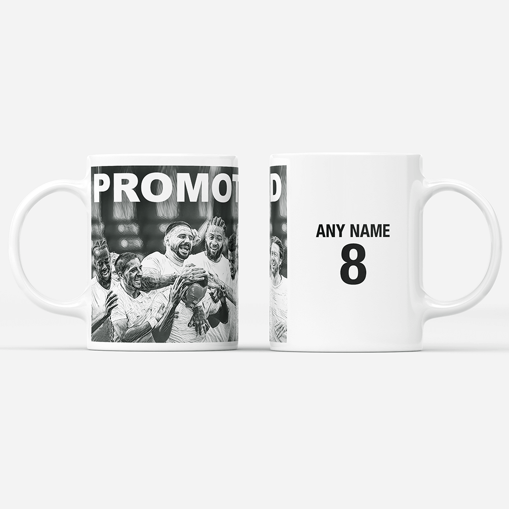 Fulham 2019/2020 Promoted Champions Inspired Colours for Personalised Football Mug with optional Coaster. Perfect item for The Cottagers fan.