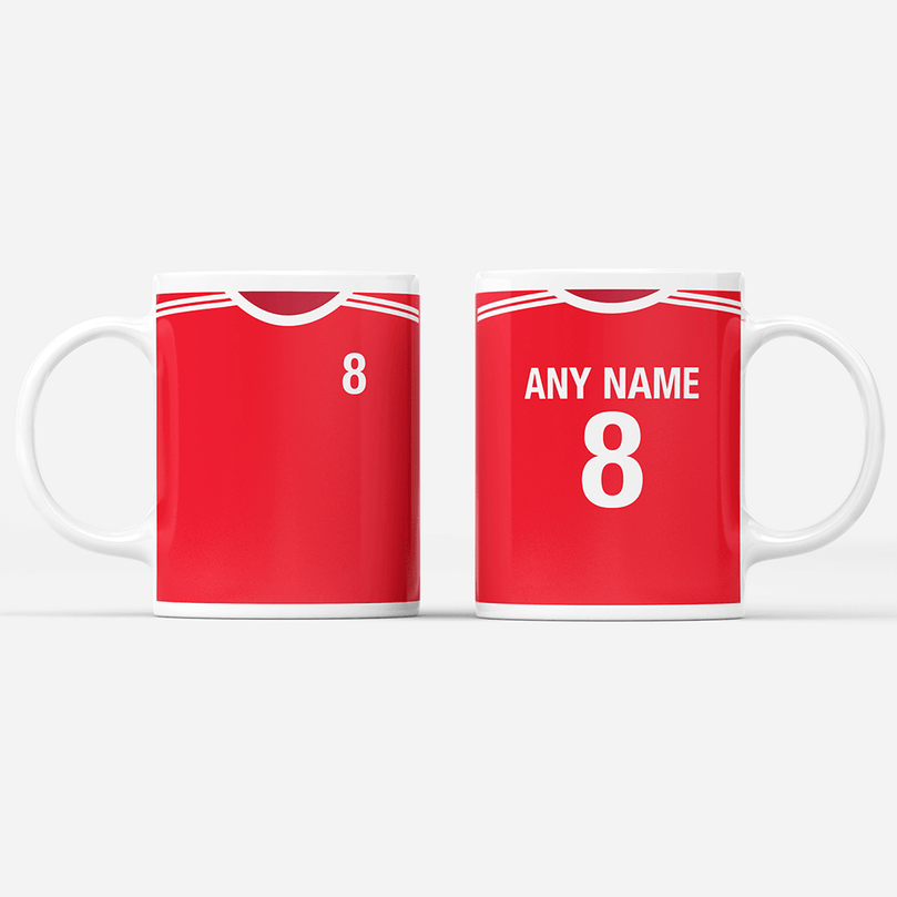 Manchester United Retro Home Kit Shirt Inspired Colours for Personalised Football Mug with optional Coaster.