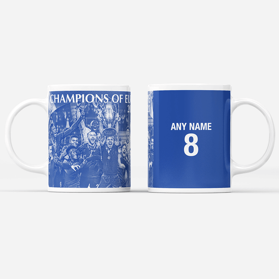 Chelsea 2020/2021 Champions of Europe Inspired Colours for Personalised Football Mug with optional Coaster. Perfect item for The Blues fan.