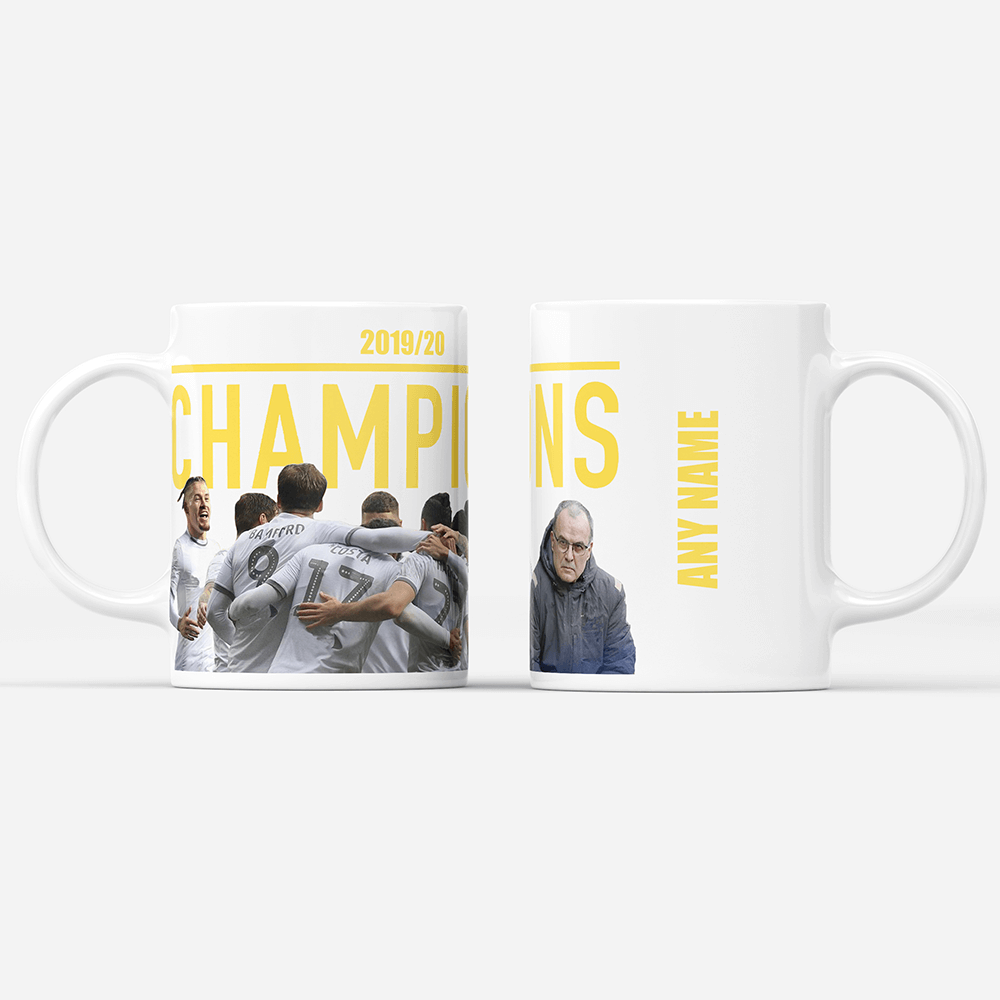 Leeds 2019/2020 Champions Inspired Colours for Personalised Football Mug with optional Coaster. Perfect item for The Peacocks fan.