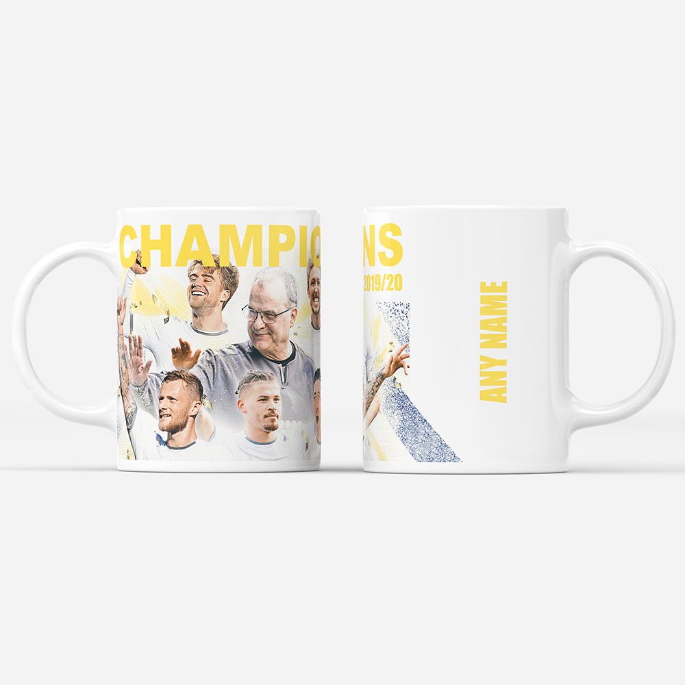 Leeds 2019/2020 Champions Inspired Colours for Personalised Football Mug with optional Coaster. Perfect item for The Peacocks fan.