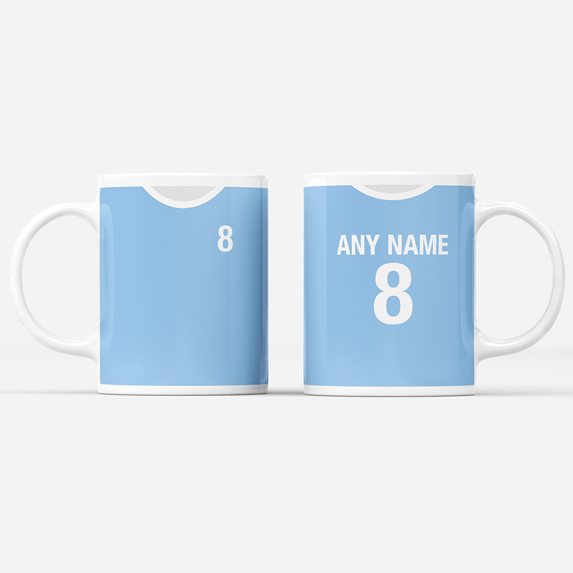 Manchester City Retro Style Home Kit Shirt Inspired Colours for Personalised Football Mug with optional Coaster.