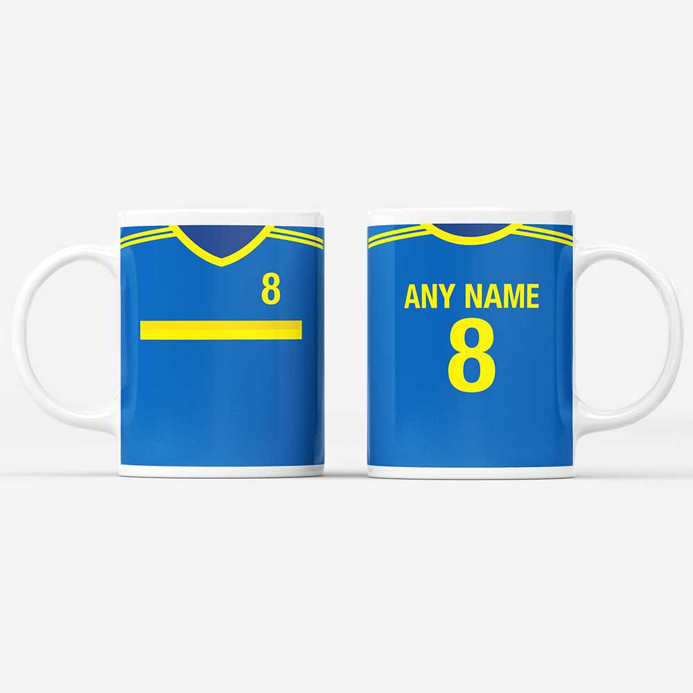 Bosnia & Herzegovina Retro Style Home Kit Shirt Inspired Colours for Personalised Football Mug with optional Coaster.