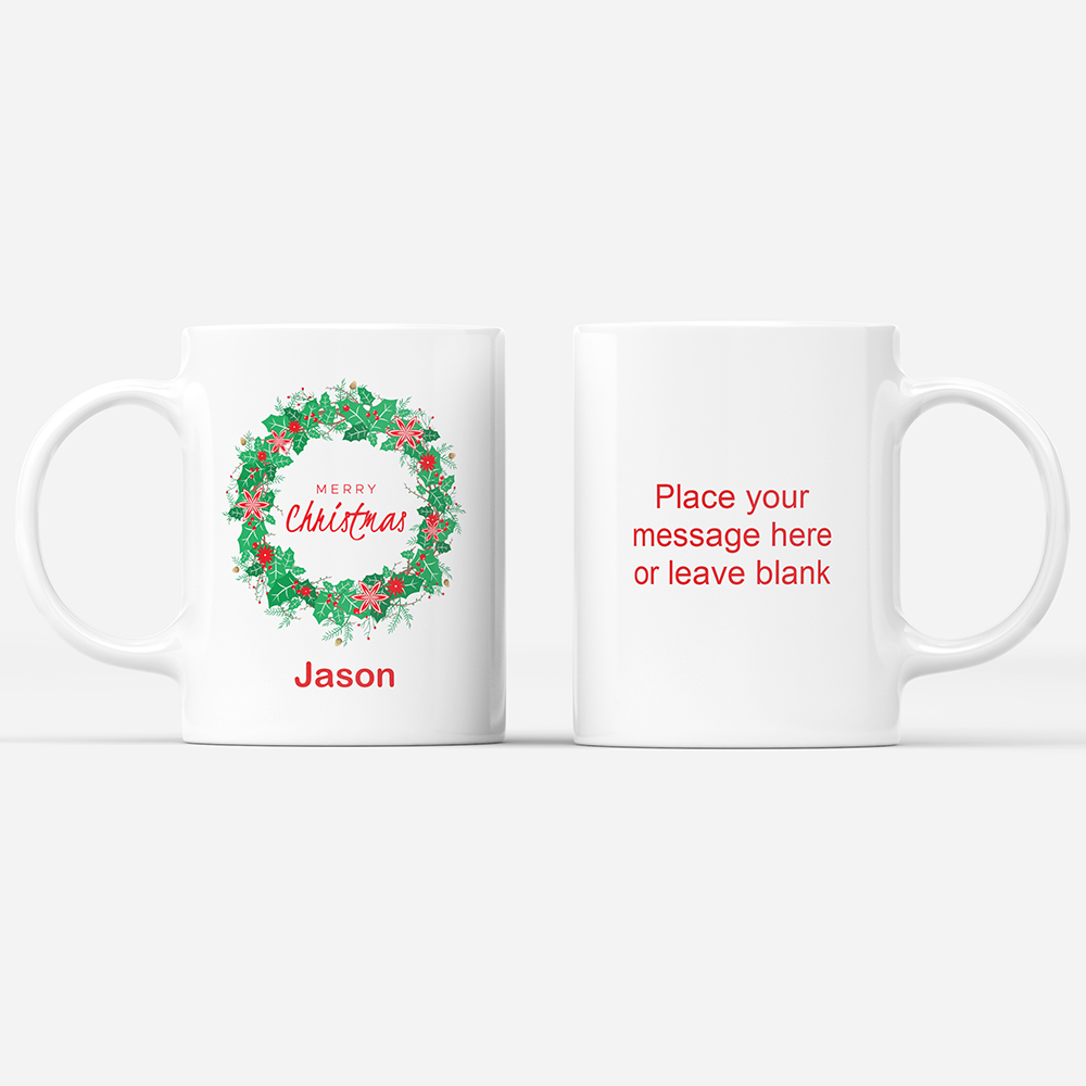 Merry Christmas 'Personalised' Mug. Xmas Wreath.